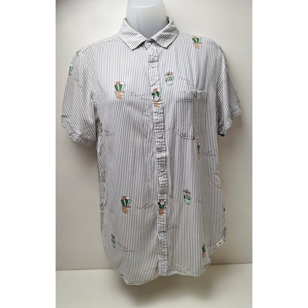 Free Planet Button Front Shirt Cactus Ouch Design Gray/White Stripe Women's M
